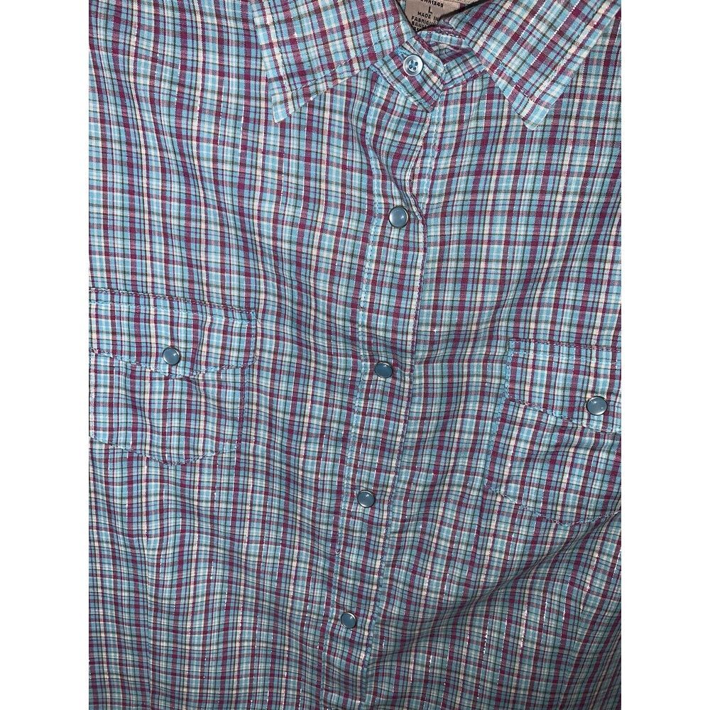 Women's L Blue Pink Sparkle plaid Wrancher Wrangler Short Sleeve Pearl Snap - Picture 2 of 16